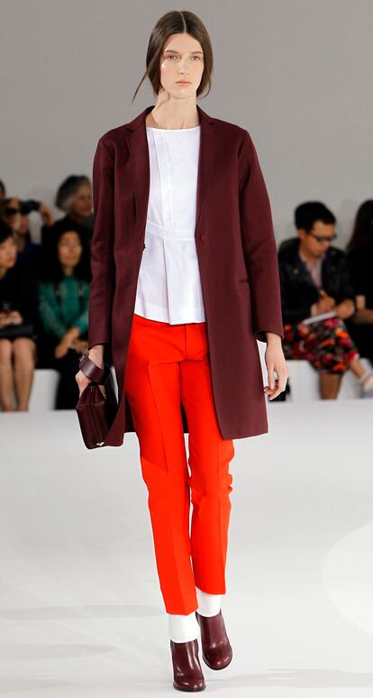 A model presents a creation from the Jil Sander Spring/Summer 2013 collection at Milan Fashion Week