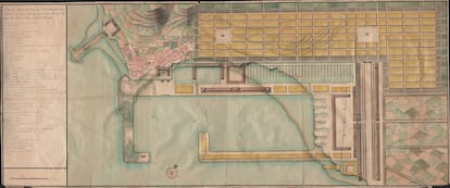 Plano del nuevo proyecto del arsenal de Ferrol acordado entre su comandante general jefe de escuadra, don Cosme Álvarez, y don Jorge Juan, capitán de Navío de la Real Armada, de 1762.