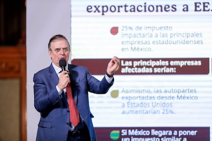 Marcelo Ebrard durante la conferencia matutina de Claudia Sheinbaum en Palacio Nacional, en Ciudad de México.