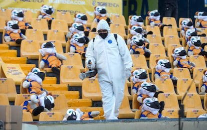 Personal sanitario desinfecta las gradas del estadio Universitario de Monterrey (México).