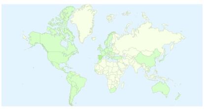 Mapa de las localizaciones de descargas del &#039;Podcast Hielo y Fuego&#039;.