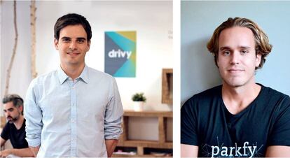 Jaume Suñol, director general de Drivy España (izquierda), y Antonio Linares, fundador de Parkfy, dos proyectos que proponen alquileres entre particulares de coches y plazas de parking