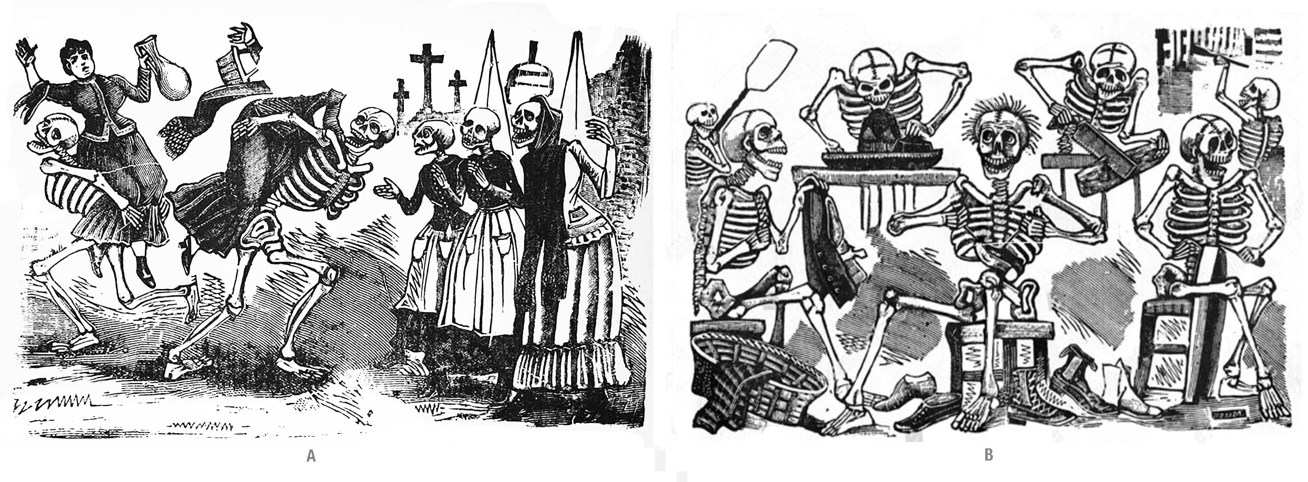 Grabados de José Guadalupe Posada. A la izquierda, 'Calavera de las gatas y garbanceras', y a la derecha, 'Todos se mueven, todos trabajan. Calaveras de artesanos', circa 1910.