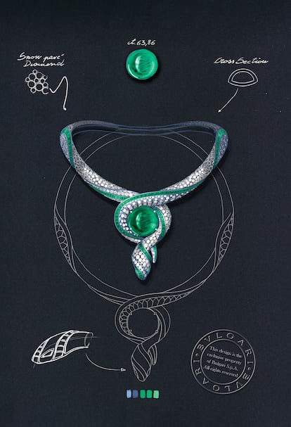 Collar Terra Mater Serpenti, con una esmeralda de Colombia de 63,86 quilates y 197 esmeraldas talla buff-top y pavé de diamantes.