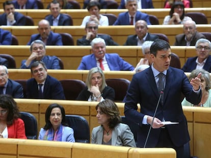 El presidente del Gobierno, Pedro Sánchez, durante su intervención en la sesión de control en el Senado.