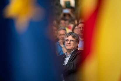 El expresidente de la Generalitat Carles Puigdemont, durante un acto de campaña en Colliure (Francia).