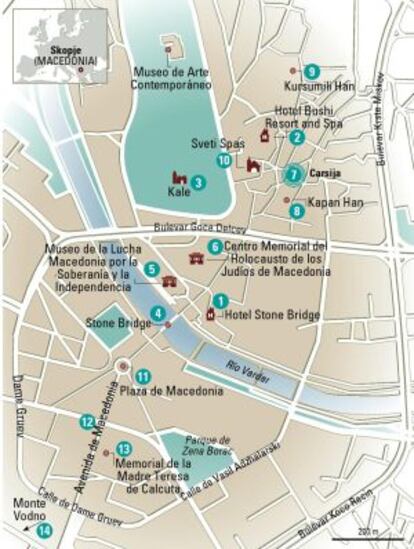 Mapa de Skopje, capital de la antigua república yugoslava de Macedonia.