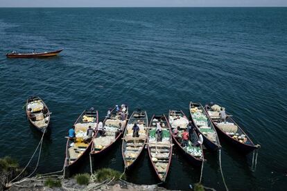 Varios botes de pesca barados en la costa de Migingo mientras los pescadores preparan sus redes.