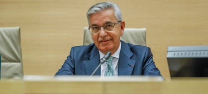 El coronel jefe de la UCO, Manuel Sánchez Corbí, durante su comparecencia en la comisión del Congreso.
