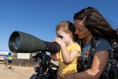 Una niña observa aves en el Delta Birding Festival.