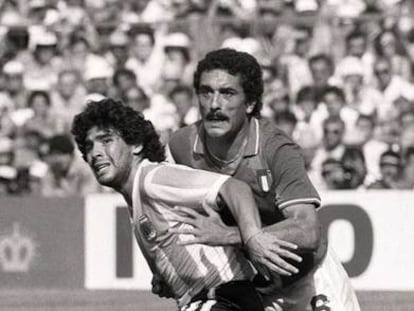 Italy's Claudio Gentile marking Maradona during the Italy-Argentina (2-1) match in Sarrià, Spain on June 29, 1982.