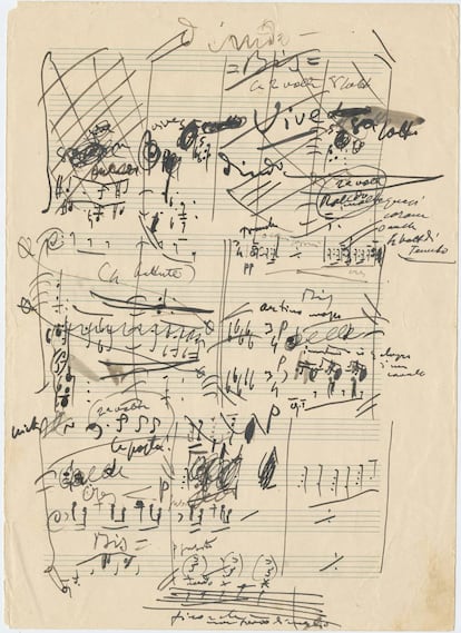 Manuscrito de 'La Fanciulla del West', de Giacomo Puccini en 1908, que revela la energía con la que el compositor volcaba sus ideas en la partitura. HAGA CLICK EN La IMAGEN PARA VER LOS MEJORES DOCUMENTOS DE LA COLECCIÓN