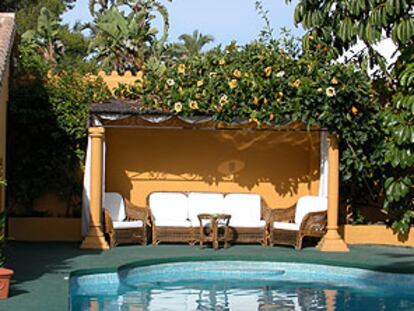 Un rincón con cubierta vegetal  al borde de la piscina del Albero Lodge.