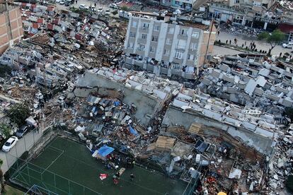 Aerial photo shows the destruction in Hatay city center, southern Turkey, Tuesday, Feb. 7, 2023. 