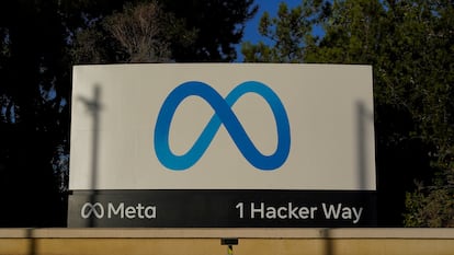Meta's logo can be seen on a sign at the company's headquarters in Menlo Park, Calif., on Nov. 9, 2022.