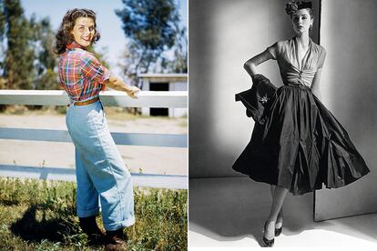 La actriz Jane Russell, pionera en llevar tejanos, en una imagen de 1950, y la modelo Suzy Parker con el New Look de Dior en 1952.