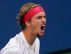 Alexander Zverev, of Germany, reacts during a match against Borna Coric, of Croatia, 147during the quarterfinals of the US Open tennis championships, Tuesday, Sept. 8, 2020, in New York. (AP Photo/Seth Wenig)