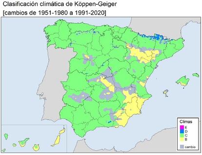 En amarillo, las zonas cuyo clima era árido a mediados del siglo XX. En gris, las zonas cuyo clima ha pasado a ser árido desde entonces.