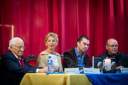 Yolanda Díaz participa en la presentación del libro 'Os ruego en nombre de Dios', del Papa Francisco, en la Iglesia de San Antón de Madrid.