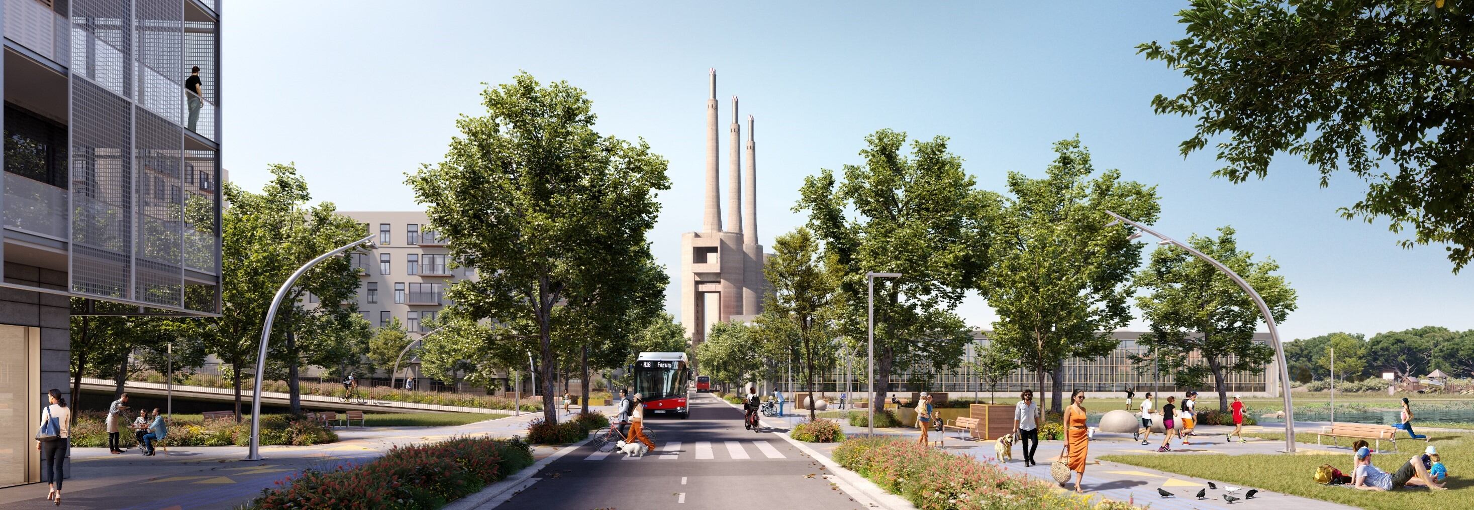 Imagen virtual de la futura urbanización del ámbito de las Tres Chimeneas, con una calle entre las viviendas y el parque.