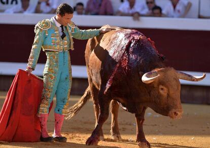 Rafaelillo, ante un toro de Pedraza de Yeltes, en la plaza de toros de Dax, ayer domingo (Francia).