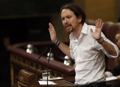 El líder de Podemos, durante su acalorado discurso.