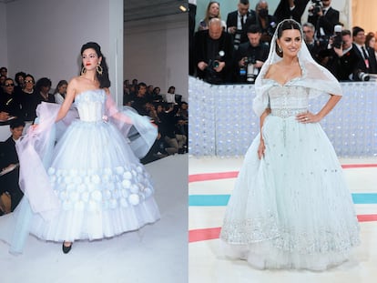 Más allá del minino, el recurso más repetido de la noche fue el de bucear en el archivo del prolífico Karl Lagerfeld. Penélope Cruz, anfitriona de la velada, lució un diseño de Chanel inspirado en el vestido de novia de la colección alta-costura primavera-verano 1988. En la imagen de la izda., un vestido similar de la colección prêt-à-porter de aquel mismo año.