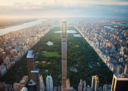 Vista de Manhattan. En el centro, el rascacielos más estilizado del mundo, apodado 'la pluma', diseñado por SHoP Architects. A su izquierda, el Edificios One57, proyectado por el premio Pritzker Christian de Portzamparc. |