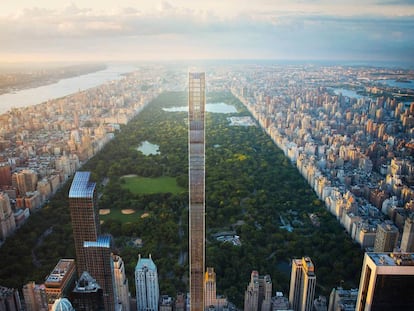 Vista de Manhattan. En el centro, el rascacielos más estilizado del mundo, apodado 'la pluma', diseñado por SHoP Architects. A su izquierda, el Edificios One57, proyectado por el premio Pritzker Christian de Portzamparc. |