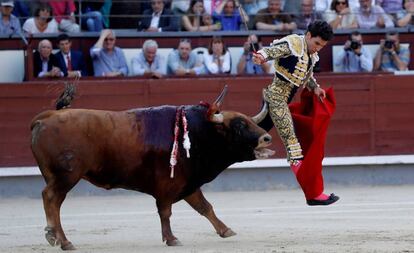 El tercer toro de la tarde del martes en Las Ventas enganchó por la taleguilla a Tomás Campos.