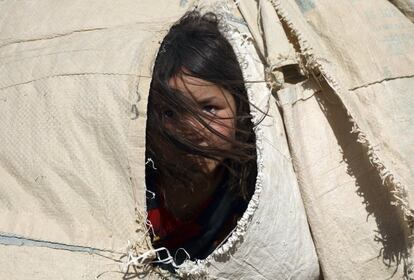 Una niña afgana desplazada que huyó de su casa debido a los enfrentamientos entre los talibanes y el personal de seguridad afgano, permanece en su tienda de campaña improvisada en un campamento en las afueras de Mazar-e-Sharif, en el norte de Afganistán.