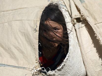 Una niña afgana desplazada que huyó de su casa debido a los enfrentamientos entre los talibanes y el personal de seguridad afgano, permanece en su tienda de campaña improvisada en un campamento en las afueras de Mazar-e-Sharif, en el norte de Afganistán.