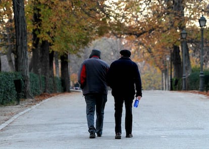 Dos personas mayores caminan por un parque en Madrid.