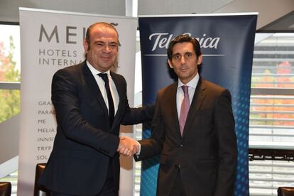 El presidente de Telef&oacute;nica, Jos&eacute; Mar&iacute;a &Aacute;lvarez-Pallete, y el consejero delegado de Meli&aacute; Hotels International, Gabriel Escarrer.