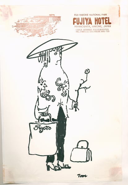 A sketch that the artist made during her travels, on a postcard from the Fujiya Hotel in Hakone, Japan. 