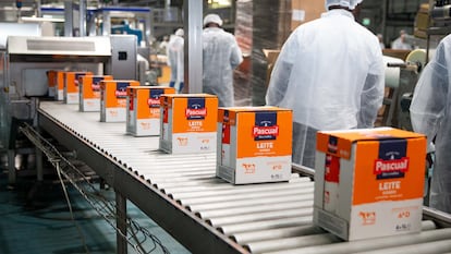 Línea de envasado de Leche Pascual en la fábrica de Refriango en Luanda.