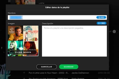 En este menú podemos cambiar la carátula de la playlist de Spotify por la que más nos guste