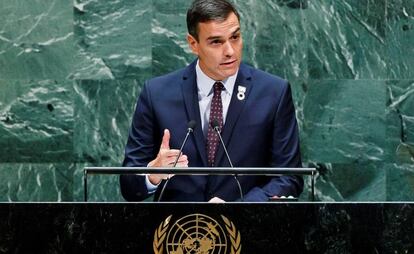Pedro Sánchez, presidente del Gobierno en funciones, interviene ante la Asamblea de las Naciones Unidas.