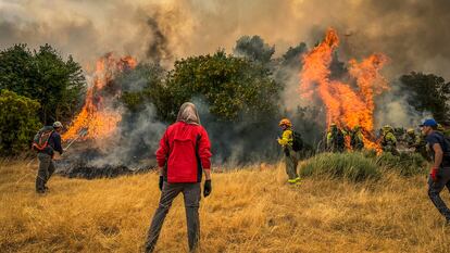 Un voluntario frente al incendio de Jarilla, en el foco más cercano a La Garganta (Cáceres).