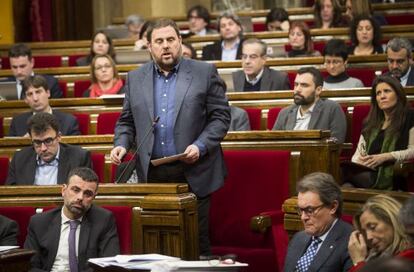 Oriol Junqueres, durant la seva intervenci&oacute; avui al Parlament.