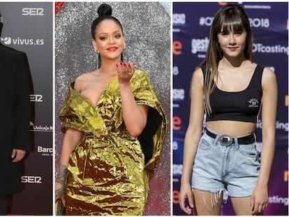 De izquierda a derecha Alejandro Sanz, Rihanna y Aitana.