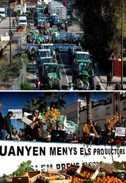 Arriba, los tractores durante la manifestación en Sueca. Abajo, los agricultores arrojan verduras.