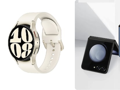 A la izquierda, el reloj inteligente que se puede conseguir al comprar el Galaxy Z Fold5 de la derecha. SAMSUNG.