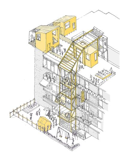 Nuevas viviendas de la cubierta, pensadas para atraer gente jover al barrio y para que la comunidad tenga una fuente de ingresos. También vemos la estructura en madera que permite ampliar los balcones y un espacio de calle apropiado por la comunidad.