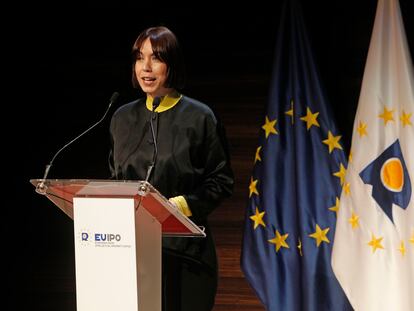 La ministra de Ciencia e Innovación, Diana Morant, durante su intervención en el acto de la 'copa de año nuevo' organizado por la Oficina de la Propiedad Intelectual de la UE (EUIPO).