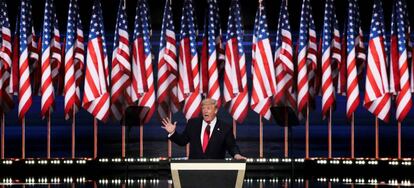 Donald Trump addresses the Cleveland convention on Thursday.