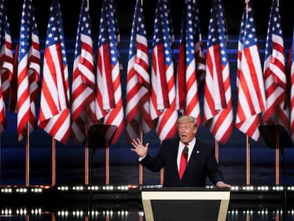 Donald Trump addresses the Cleveland convention on Thursday.