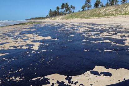 Manchas de petróleo que contaminan la playa Lagoa do Pau en el municipio de Coruripe (Brasil). Desde principios de septiembre toneladas de restos de petróleo han llegado a las turísticas playas de los nueve estados que conforman la región nordeste de Brasil, sin que aún se sepa con carácter oficial el origen de las mismas. 