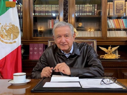 Mexico's President Andres Manuel Lopez Obrador speaks during a video message where he said he would welcome Mexican investors bidding in the sale of U.S. bank Citigroup's consumer banking operations in Mexico, making a pitch for the assets to become Mexican again, at the National Palace in Mexico City, Mexico January 13, 2022. Mexico's Presidency/Handout via REUTERS ATTENTION EDITORS - THIS IMAGE WAS PROVIDED BY A THIRD PARTY. NO RESALES. NO ARCHIVES