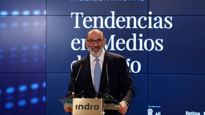 Fernando Abril-Martorell, presidente de Indra, este jueves, en Madrid.